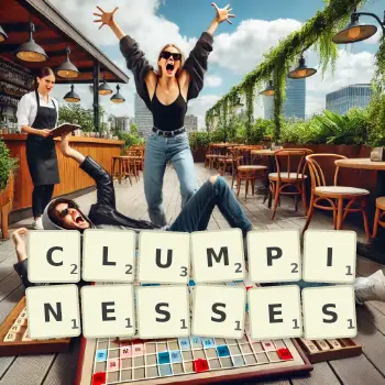 Creative illustration for a Scrabble game with the word CLUMPINESSES spelled out in tiles on the board.