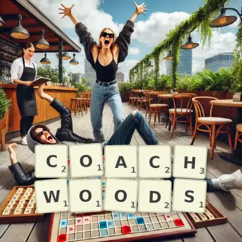 Creative illustration for a Scrabble game with the word COACHWOODS spelled out in tiles on the board.