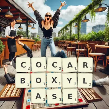 Creative illustration for a Scrabble game with the word COCARBOXYLASE spelled out in tiles on the board.