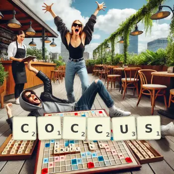 Creative illustration for a Scrabble game with the word COCCUS spelled out in tiles on the board.