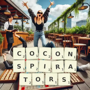 Creative illustration for a Scrabble game with the word COCONSPIRATORS spelled out in tiles on the board.