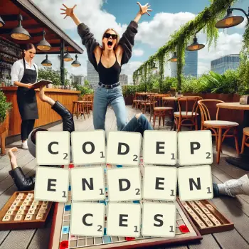 Creative illustration for a Scrabble game with the word CODEPENDENCES spelled out in tiles on the board.