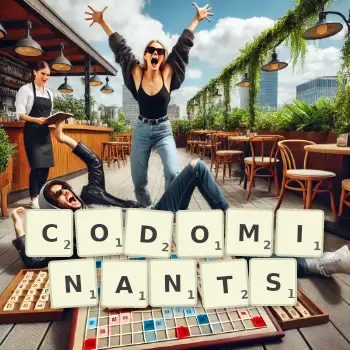 Creative illustration for a Scrabble game with the word CODOMINANTS spelled out in tiles on the board.
