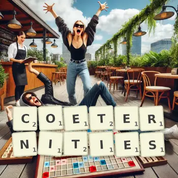 Creative illustration for a Scrabble game with the word COETERNITIES spelled out in tiles on the board.