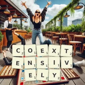 Creative illustration for a Scrabble game with the word COEXTENSIVELY spelled out in tiles on the board.