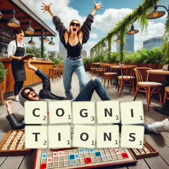 Creative illustration for a Scrabble game with the word COGNITIONS spelled out in tiles on the board.