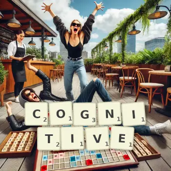 Creative illustration for a Scrabble game with the word COGNITIVE spelled out in tiles on the board.