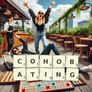 Creative illustration for a Scrabble game with the word COHOBATING spelled out in tiles on the board.