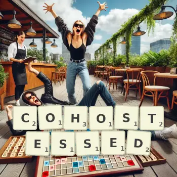 Creative illustration for a Scrabble game with the word COHOSTESSED spelled out in tiles on the board.