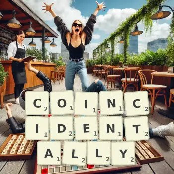 Creative illustration for a Scrabble game with the word COINCIDENTALLY spelled out in tiles on the board.