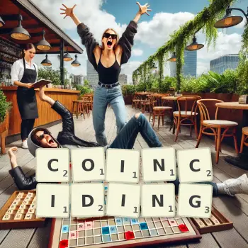 Creative illustration for a Scrabble game with the word COINCIDING spelled out in tiles on the board.