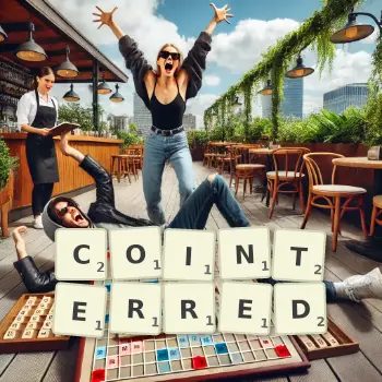 Creative illustration for a Scrabble game with the word COINTERRED spelled out in tiles on the board.