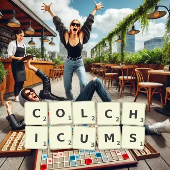 Creative illustration for a Scrabble game with the word COLCHICUMS spelled out in tiles on the board.