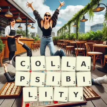 Creative illustration for a Scrabble game with the word COLLAPSIBILITY spelled out in tiles on the board.