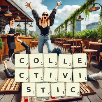 Creative illustration for a Scrabble game with the word COLLECTIVISTIC spelled out in tiles on the board.