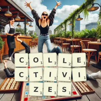 Creative illustration for a Scrabble game with the word COLLECTIVIZES spelled out in tiles on the board.
