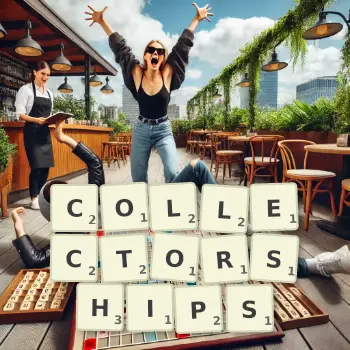 Creative illustration for a Scrabble game with the word COLLECTORSHIPS spelled out in tiles on the board.