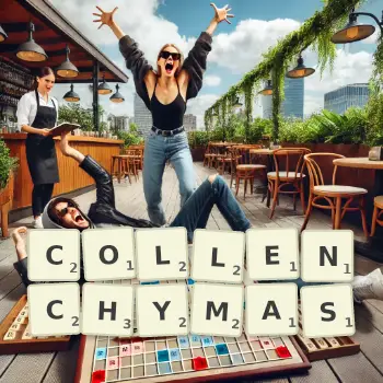 Creative illustration for a Scrabble game with the word COLLENCHYMAS spelled out in tiles on the board.