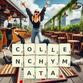 Creative illustration for a Scrabble game with the word COLLENCHYMATA spelled out in tiles on the board.