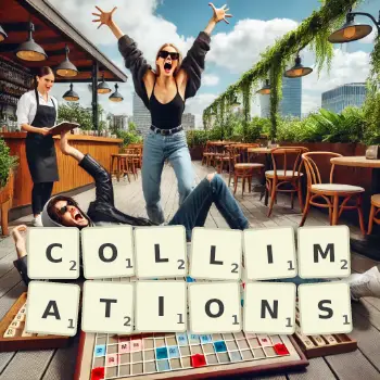 Creative illustration for a Scrabble game with the word COLLIMATIONS spelled out in tiles on the board.