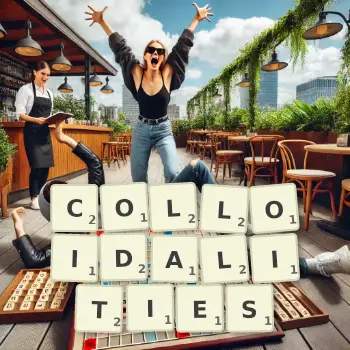 Creative illustration for a Scrabble game with the word COLLOIDALITIES spelled out in tiles on the board.