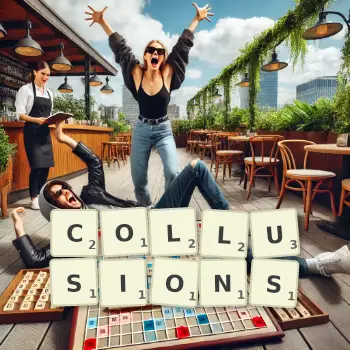 Creative illustration for a Scrabble game with the word COLLUSIONS spelled out in tiles on the board.