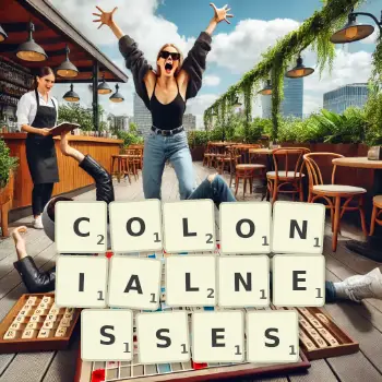 Creative illustration for a Scrabble game with the word COLONIALNESSES spelled out in tiles on the board.