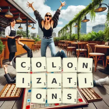 Creative illustration for a Scrabble game with the word COLONIZATIONS spelled out in tiles on the board.