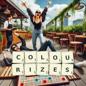 Creative illustration for a Scrabble game with the word COLOURIZES spelled out in tiles on the board.