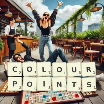 Creative illustration for a Scrabble game with the word COLOURPOINTS spelled out in tiles on the board.