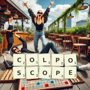 Creative illustration for a Scrabble game with the word COLPOSCOPE spelled out in tiles on the board.
