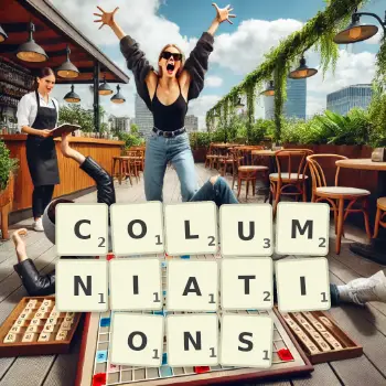 Creative illustration for a Scrabble game with the word COLUMNIATIONS spelled out in tiles on the board.
