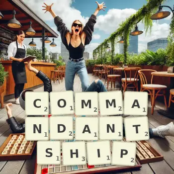 Creative illustration for a Scrabble game with the word COMMANDANTSHIP spelled out in tiles on the board.