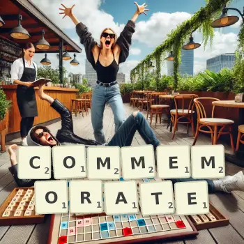 Creative illustration for a Scrabble game with the word COMMEMORATE spelled out in tiles on the board.