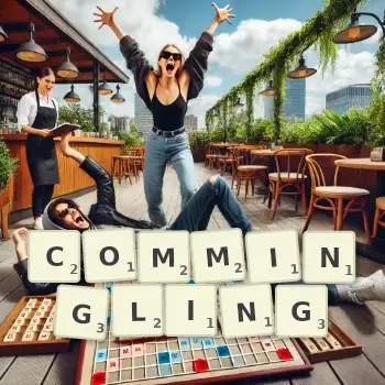Creative illustration for a Scrabble game with the word COMMINGLING spelled out in tiles on the board.