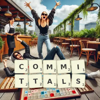 Creative illustration for a Scrabble game with the word COMMITTALS spelled out in tiles on the board.