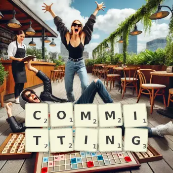 Creative illustration for a Scrabble game with the word COMMITTING spelled out in tiles on the board.