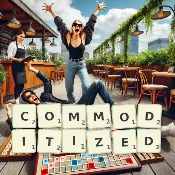 Creative illustration for a Scrabble game with the word COMMODITIZED spelled out in tiles on the board.