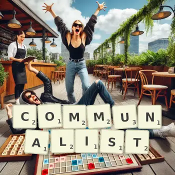 Creative illustration for a Scrabble game with the word COMMUNALIST spelled out in tiles on the board.