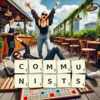 Creative illustration for a Scrabble game with the word COMMUNISTS spelled out in tiles on the board.