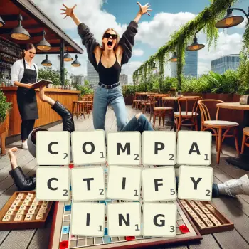 Creative illustration for a Scrabble game with the word COMPACTIFYING spelled out in tiles on the board.