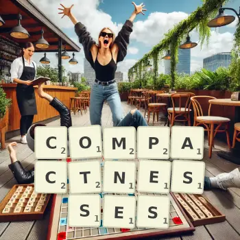 Creative illustration for a Scrabble game with the word COMPACTNESSES spelled out in tiles on the board.