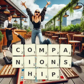 Creative illustration for a Scrabble game with the word COMPANIONSHIP spelled out in tiles on the board.