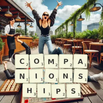 Creative illustration for a Scrabble game with the word COMPANIONSHIPS spelled out in tiles on the board.