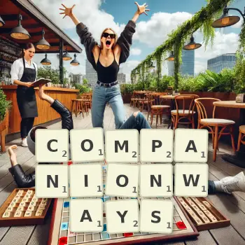 Creative illustration for a Scrabble game with the word COMPANIONWAYS spelled out in tiles on the board.