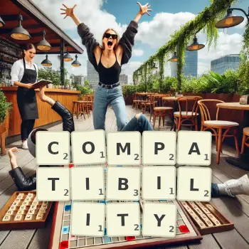 Creative illustration for a Scrabble game with the word COMPATIBILITY spelled out in tiles on the board.