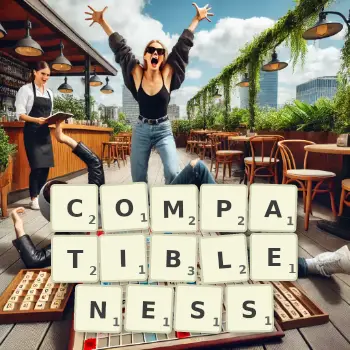 Creative illustration for a Scrabble game with the word COMPATIBLENESS spelled out in tiles on the board.