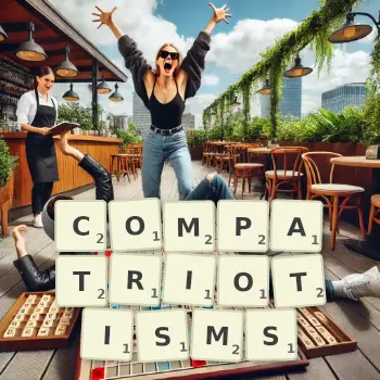 Creative illustration for a Scrabble game with the word COMPATRIOTISMS spelled out in tiles on the board.
