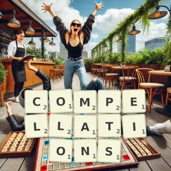 Creative illustration for a Scrabble game with the word COMPELLATIONS spelled out in tiles on the board.