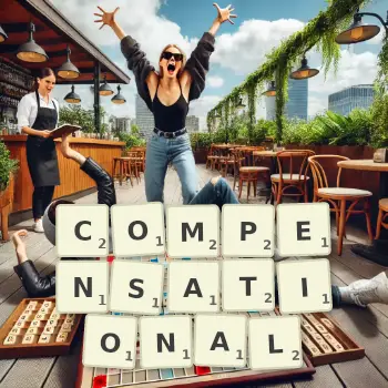 Creative illustration for a Scrabble game with the word COMPENSATIONAL spelled out in tiles on the board.